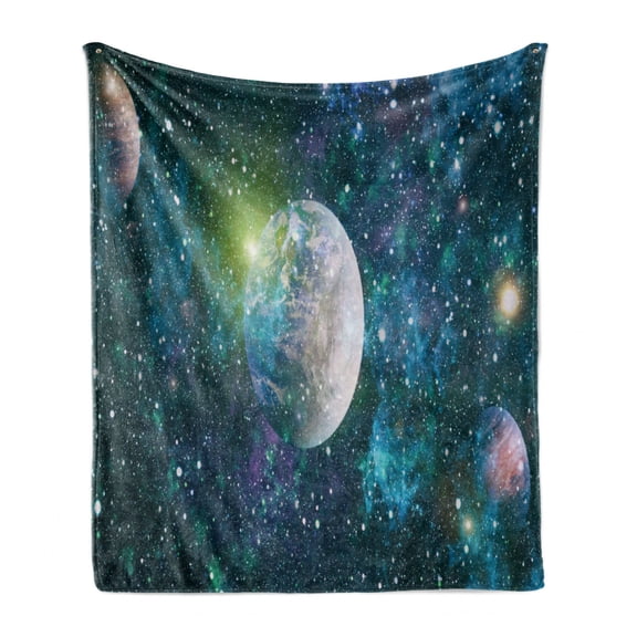 Celestial Soft Flannel Fleece Throw Blanket, Astrophotography Illustration with Stars Planets and Andromeda Print, Cozy Plush for Indoor and Outdoor Use, 50" x 70", Dark Teal Multicolor, by Ambesonne