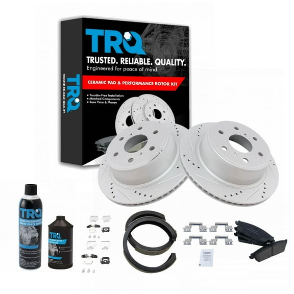 TRQ Rear Ceramic Brake Pad & Performance Rotor with Parking Shoes w/Chemicals BKA21806 Fits select: 2007-2013 CHEVROLET SILVERADO, 2007-2014 CHEVROLET TAHOE