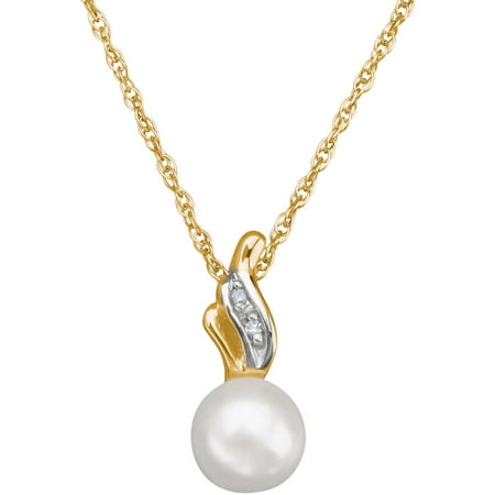 Simply Gold Gemstone Freshwater Pearl and Diamond Accent 10kt Yellow Gold Pendant, 18