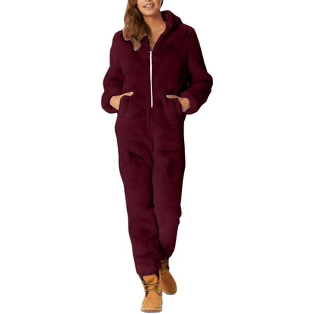 

Forestyashe Womens Tops Dressy Casual Artificial Wool Long Sleeve Pajamas Solid Color Zipper Loose Hooded Jumpsuit Pajamas Winter Warm Rompe Cute Sleepwear