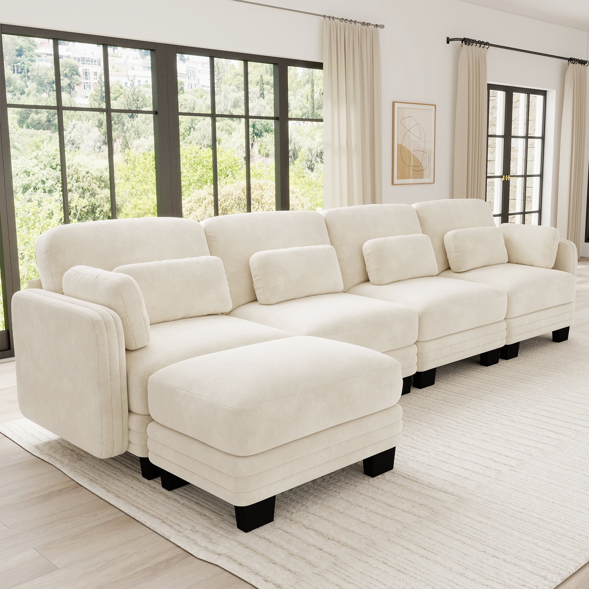 130" L Shape Modern Modular Sectional 4 Seater Sofa Couch with Movable Ottoman and 6 Pillows