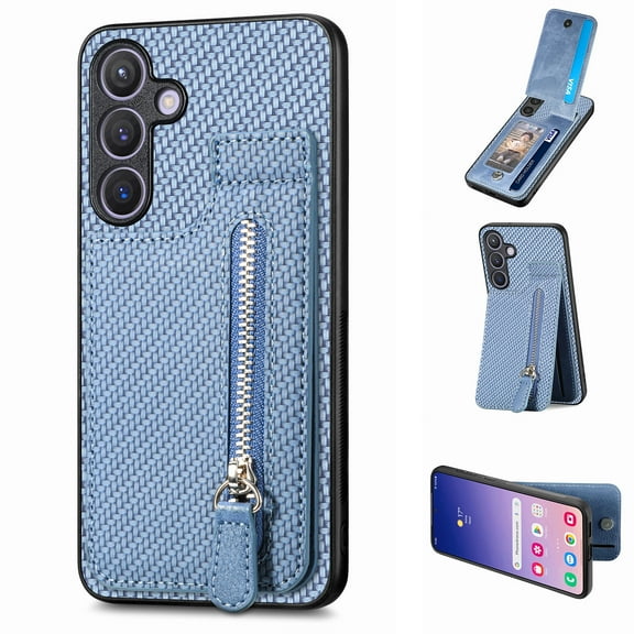 Feishell for Samsung Galaxy S23 FE Zipper Wallet Case [Carbon Fiber Pattern] [Built-in 2 Credit Card Slots, 1 Zipper Pocket] Premium PU Leather Back Magnetic Clasp Flip Kickstand Phone Case, Blue
