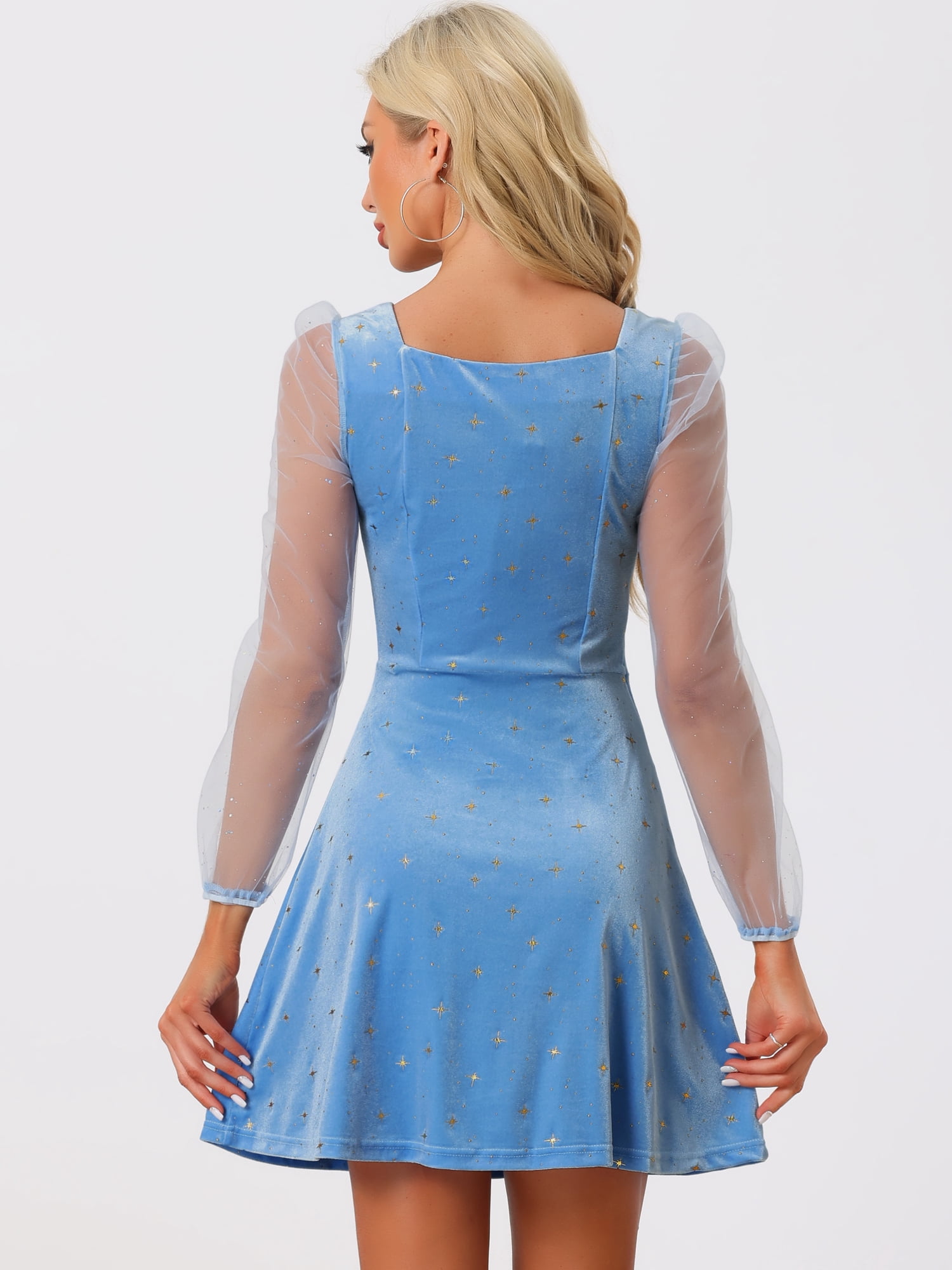 DARING DIVA Square Neck Mesh Sheer Sleeve Glitter Star Velvet Mini Dress M Sky Blue