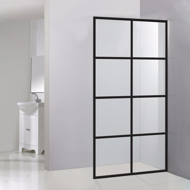 Madeira Series Grid Pattern Shower Door with Enduroshield 34 x 72 inch  Fixed 3/8 Thick Clear Tempered Glass in Matte Black By Fab Glass and  Mirror 