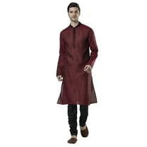Ethnix Men's Embroidered Banded Collar Pure Linen Indian Kurta Tunic Pajama Set; Maroon; LG