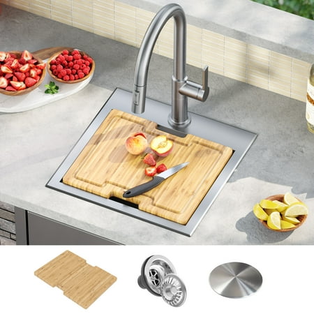 Kraus Kore 15 Outdoor Workstation Drop-In 16 Gauge Marine Grade T-316 Stainless Steel Square Single Bowl Kitchen Bar Sink with Accessories