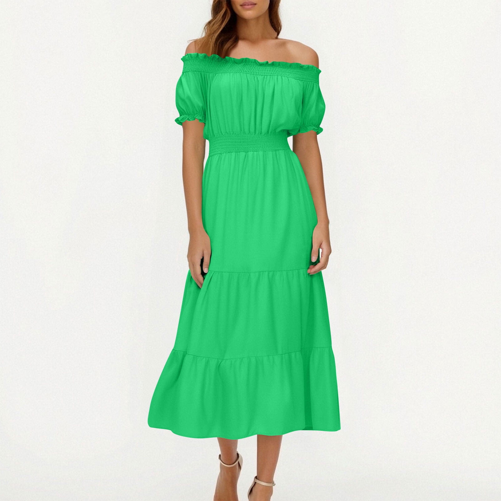 gljltg Ladies Elegant Summer One-shoulder Solid Color Short-sleeved Elastic Waist Women's Dress with Print, Stylish Fashionable for Women, Ladies, Suitable for Casual, Party, Daily, Beach