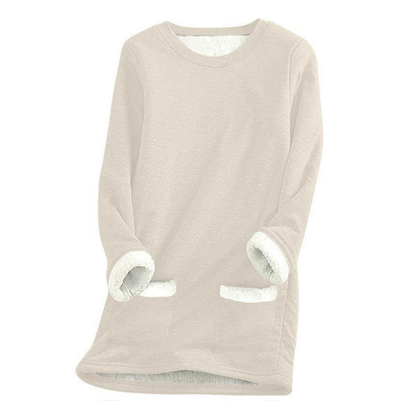 Lindreshi Plus Size Tops Long Sleeve Clearance Women's Round Neck Pocket Thickened Plush Warm Long Sleeve Tops