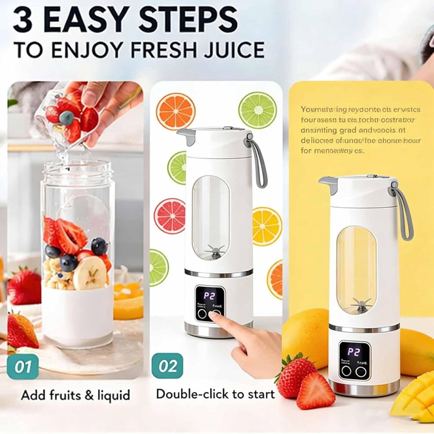 Portable 16oz Wireless Juicer, Digital Blender Cup for Smoothies (7.4V)