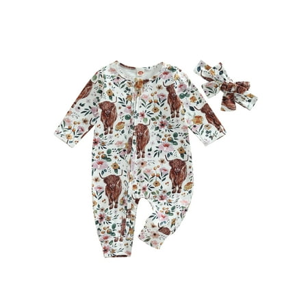 

Wassery Western Baby Boy Autumn Clothes 3 6 12 18 Months Infant Floral/Cattle Print Zipper One Piece Jumpsuit Outfits Headband Cowboy Country Clothing 0-18M
