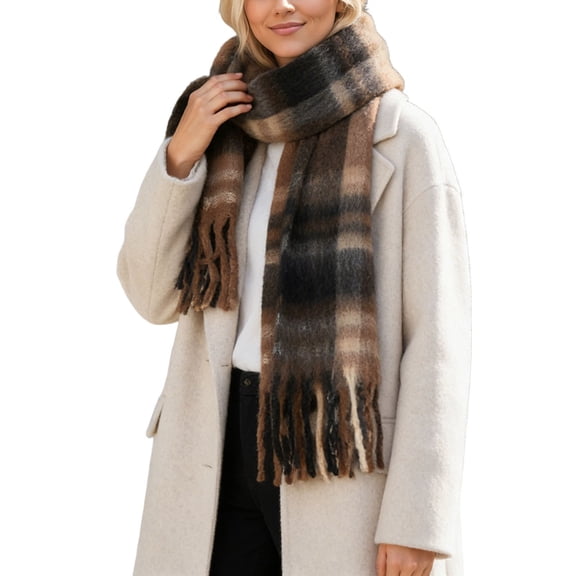 AWZXDE French Classic Plaid Scarf Winter Warmth Soft Wrap Elegant Fringe Coffee