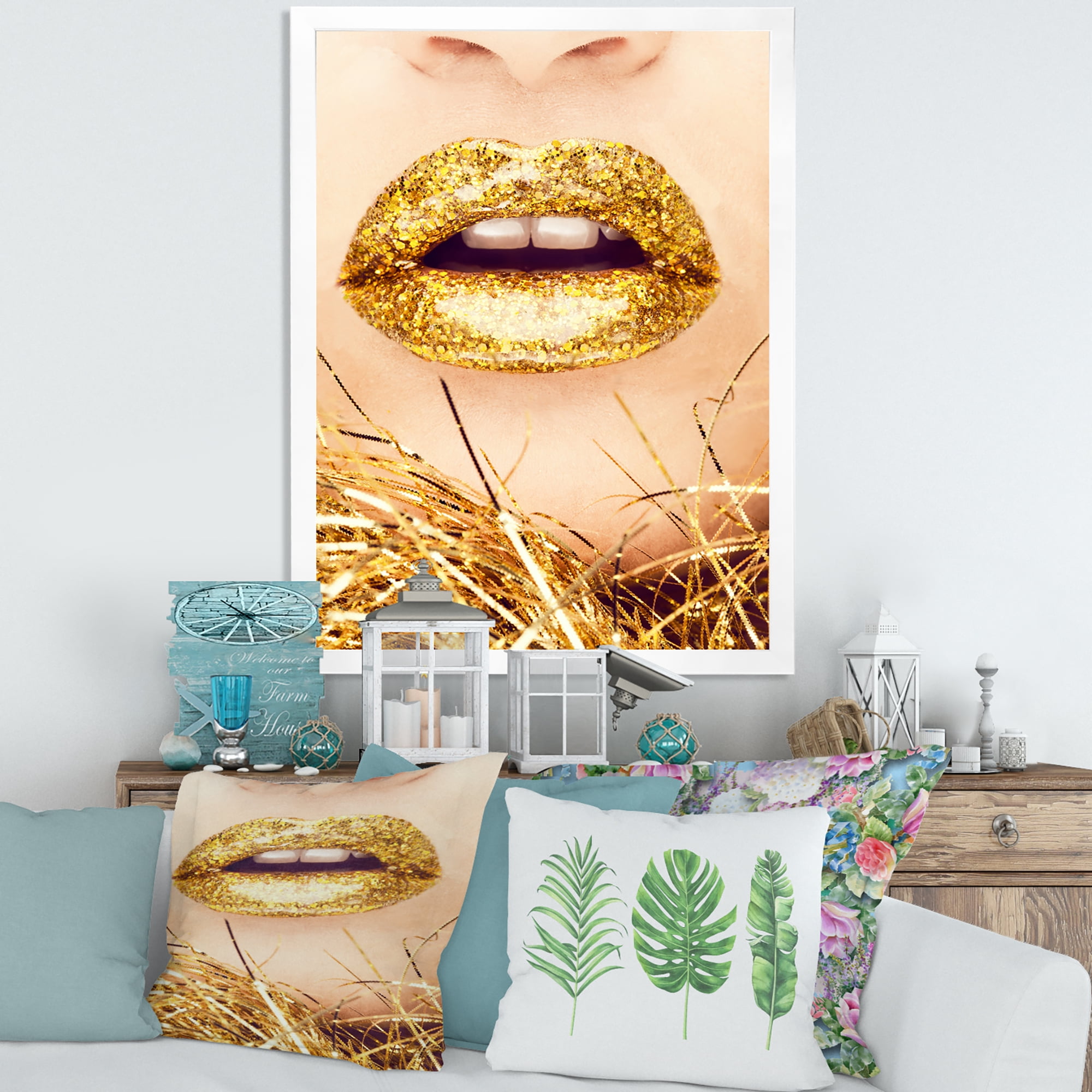 Designart 'Close-Up Of Golden Female Lips I' Modern Framed Art Print