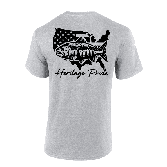 Heritage Pride American Flag Trout Fishing Outdoors Short Sleeve T-shirt-Sports Grey-6xl