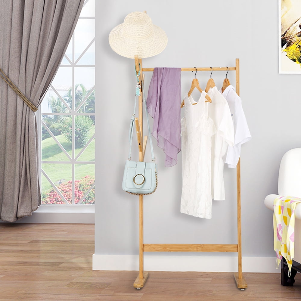 Oxkers Clothes Garment Rack – Wooden Coat Rack Stand with 8 Side Hooks, Single Rail, Holds up to 44 lbs, 25.6" W x 15.7" D x 67" H