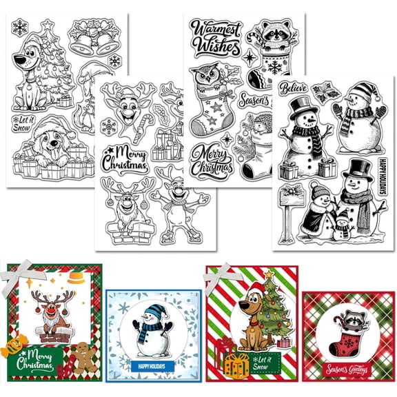 4 Sheets Christmas Animals Deer Clear Stamp for Scrapbooking Dog Owl Silicone Stamps Hedgehog Raccoon Transparent Stamp Set for Card Making DIY Embossing Journaling Colorful
