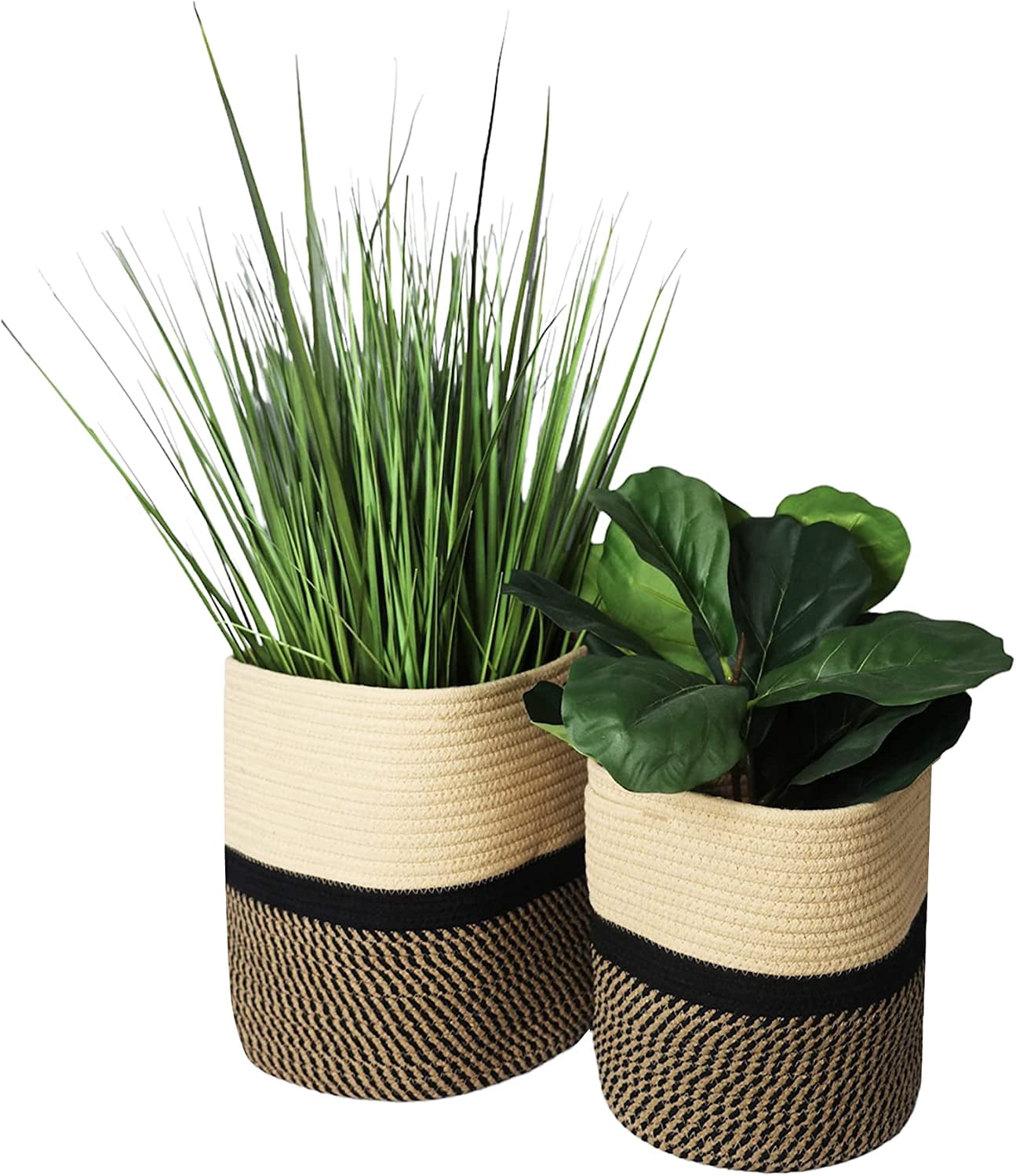 omh ORGANIZE MY HOME Decorative Baskets for Plants| 9- & 11-inch Pots for Indoor Plants | Floor Planter Pot Cover | Rope Plant Basket for Indoor (Small 9" Round, Tan/Black)
