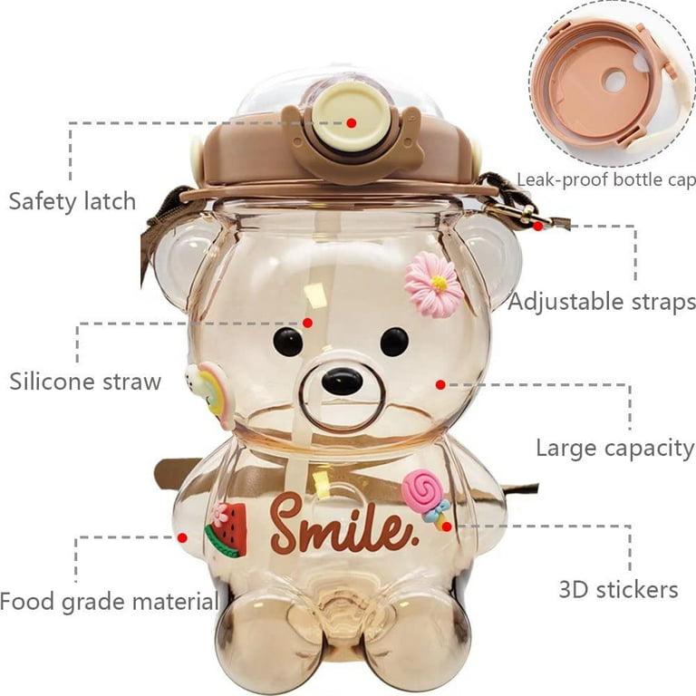 Kawaii Bear Straw Bottle Large capacity bear water bottle with Strap and  Straw Cute Portable Bear shaped water Bottle Adjustable Removable Strap for  outdoor and school activities(grey)