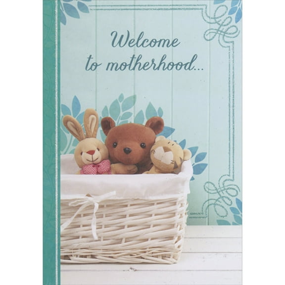 Designer Greetings Welcome to Motherhood: Photo of Stuffed Animals in White Basket Mother's Day Card for New Mom