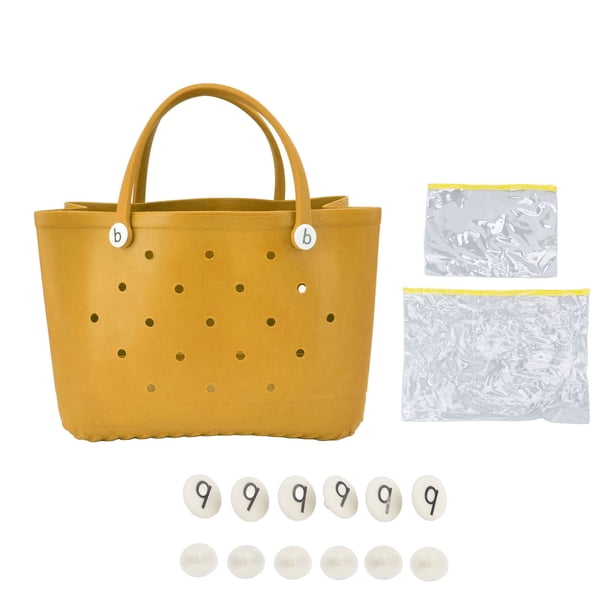 Bolsa de playa duradera y segura, de material EVA, multifunción, ahorradora de espacio, portátil, diseño de orificios redondos, bolsa de playa grande amarilla