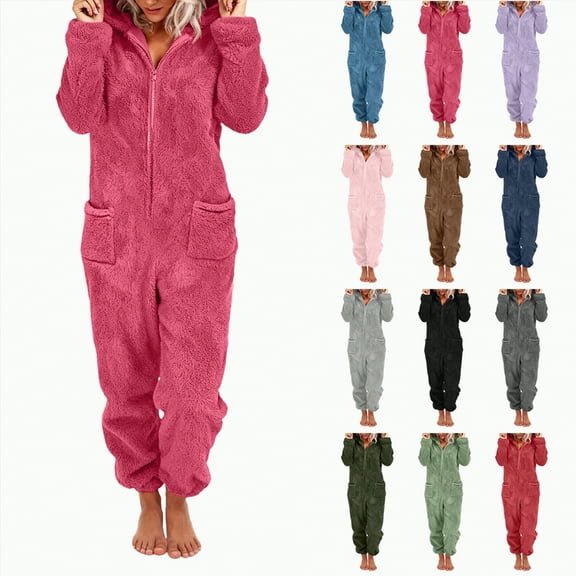 Towmus Women Onesies Fluffy Fleece Jumpsuits Sleepwear Plus Size Hooded Sets Pajamas Adult Winter Warm Pajamas Homewear Christmas with Pockets
