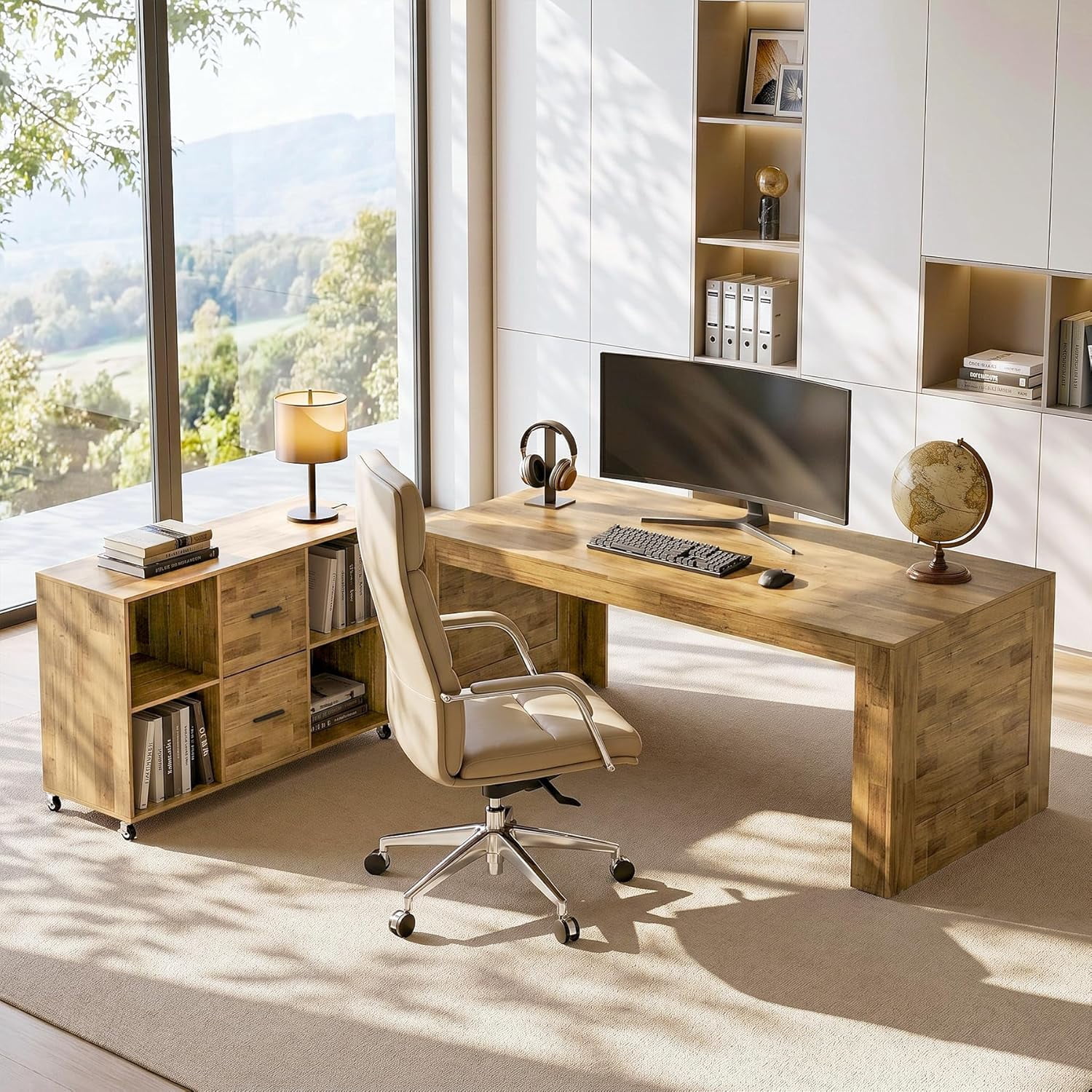Tribesigns 63" L Shaped Desk with Storage, Executive Office Desk with Rolling File Cabinet Combo, Business Furniture Set for Home Office, Brown