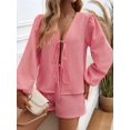 thumbnail image 3 of Women'S 2 Piece Outfits Set Long Sleeve Tie Front Top Short Set Casual Tracksuit Pajama Sets Red XL, 3 of 8