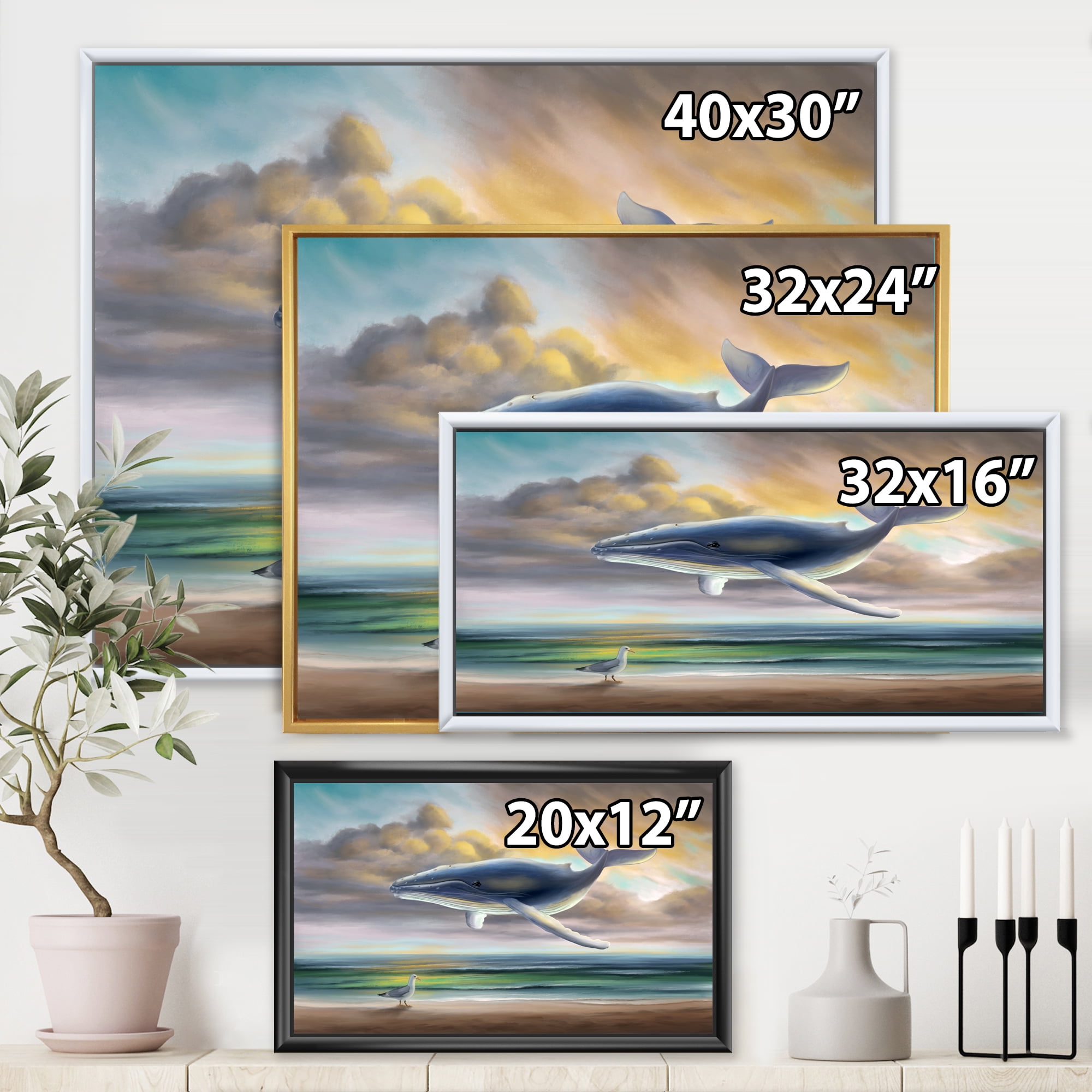 Designart 'Whale Floating In The Sky Over Beach' Children's Art Framed Canvas Wall Art Print