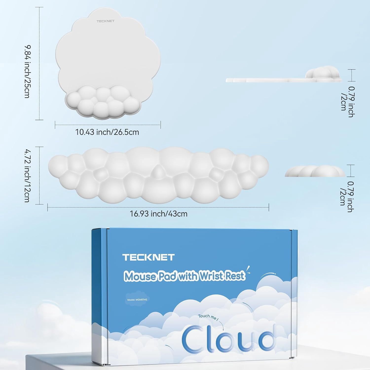 Cloud Mouse Pad with Wrist Rest Set, Ergonomic Cloud Keyboard Wrist Rest with Non-Slip Base, PU Leather Memory Foam Wrist Pad for Keyboard and Mouse, Pain Relief for Typing, Gaming, White