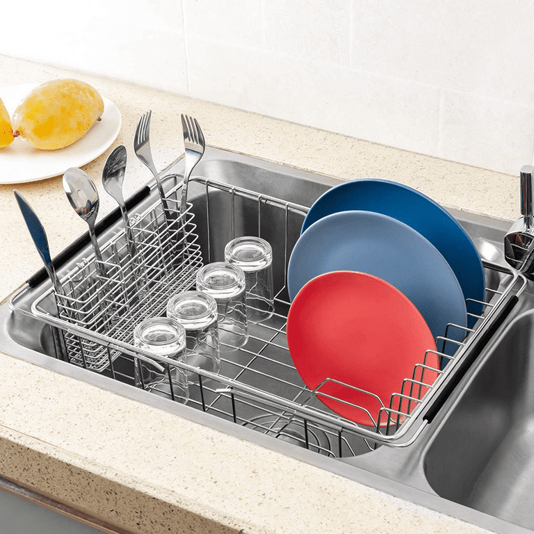 SANNO Large Expandable Dish Drying Rack with Utensil Cutlery Holder Sink Dish Rack Deep Large Dish Drainer Dish Rack in Sink on Counter Stainless