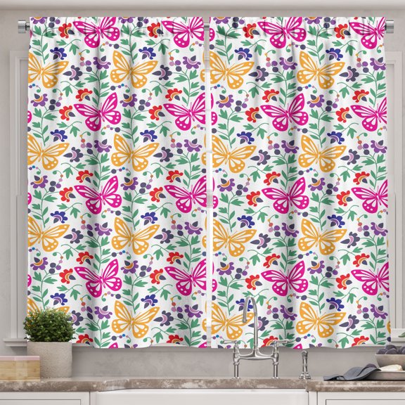 Ambesonne Spring Kitchen Curtains, Vibrant Summer Blooms, 55"x39", Multicolor