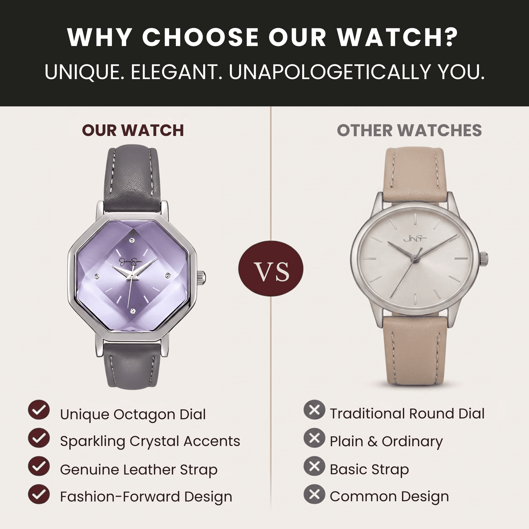 Women’s Fashion Leather Watch – Octagon Dial, Silver Case, Quartz Movement, Elegant Minimalist Dress Watch for Women, Gift for Her