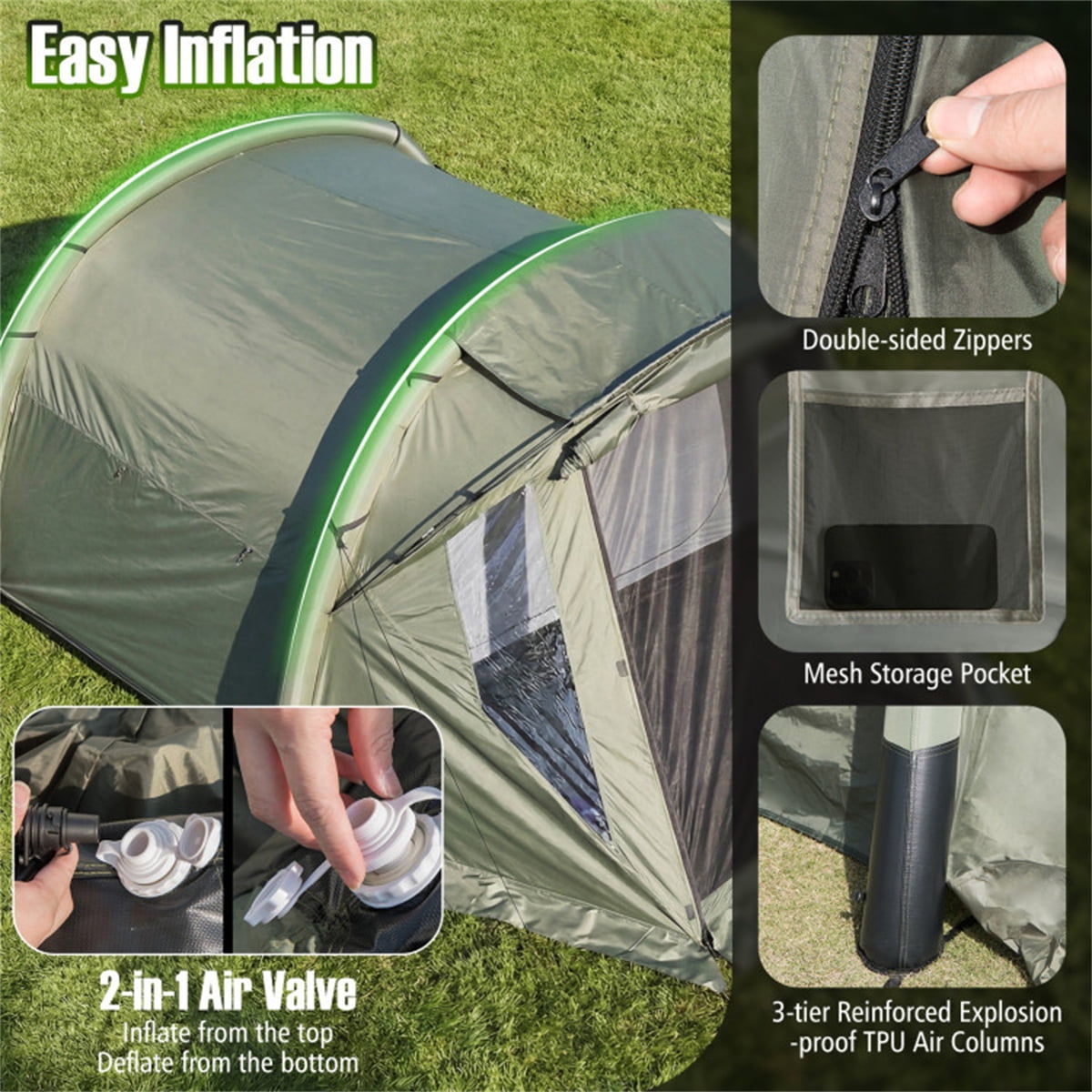 5-7 Person Inflatable Camping Tent with Screened Porch Green Waterproof PU2000mm Family Cabin Tent for Outdoor Camping Portable with Hand Pump