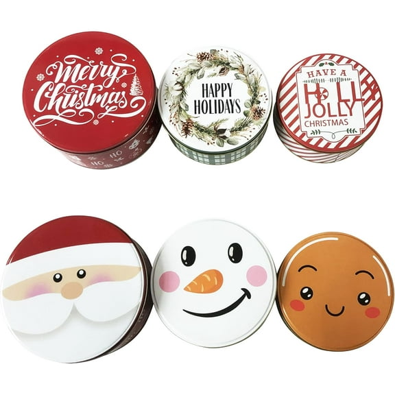 6 Pack Christmas Cookie Tins with Lids Round Tin with Festive Designs for Gift Giving & Holiday Treats, Tins for Cookies and Gifts, Christmaas Sayings Characters Jolly Designs (6pc Pack)