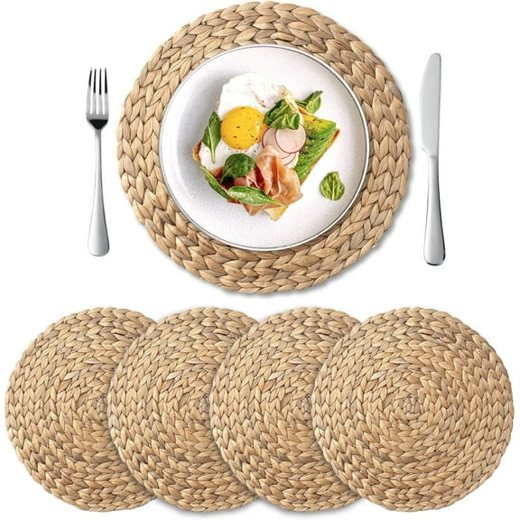 Round Woven Placemats Set of 4, Natural Water Hyacinth Place Mats, Boho Wicker Placemats, Table Mats for Dining Table (11.8 inch)