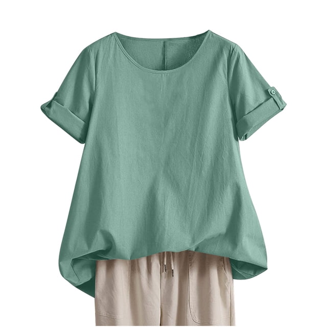 Vestidos Casuales Para Mujer, Blusas De Mujer De Moda Camiseta holgada de verano para mujer, de cuello redondo, manga corta, color liso, estilo túnica, de imitación de lino.
