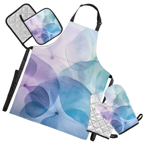 Ink Flowers 5 Pcs Kitchen Set Heat Resistant Oven Mitts and Non-Slip Pot Holders with Adjustable Cooking Apron