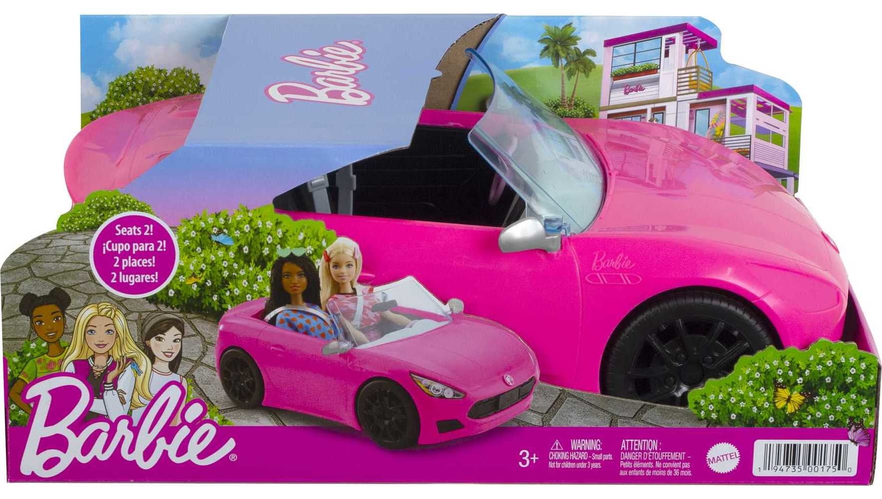 Barbie Convertible Toy Car, Bright Pink with Seatbelts and Rolling Wheels (Seats 2 Dolls), Toy for 3 Years and Up