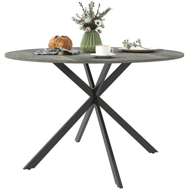 47" Round Dining Table for 4 Kitchen Table with Steel Legs Grey and Black