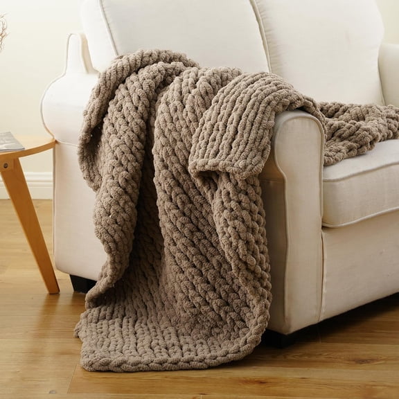 Beige Chunky Knit Throw Blanket, Soft and Thick Cream Chenille Throw Blanket, 50"x60" Handmade Cable Knit Crochet Blanket, Cozy Knot Knitted Throw Blankets for Couch Home Decor, Taupe