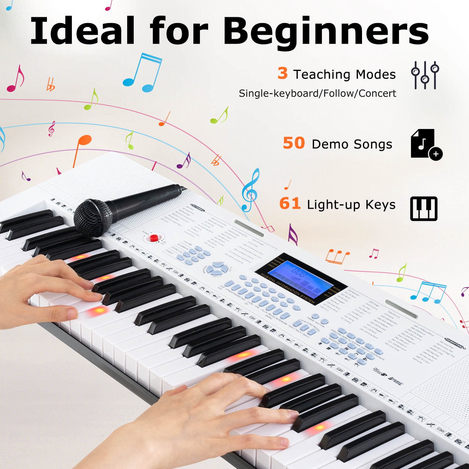 Costway 61-Key Electronic Keyboard Piano with 350 Rhythms 350 Timbres 50 Demo Songs White