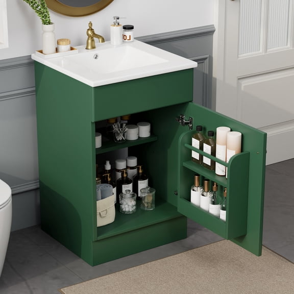 Green 20" Bathroom Vanity for Home Bathroom / Ceramic Sink, Soft-close Door, Adjustable Storage