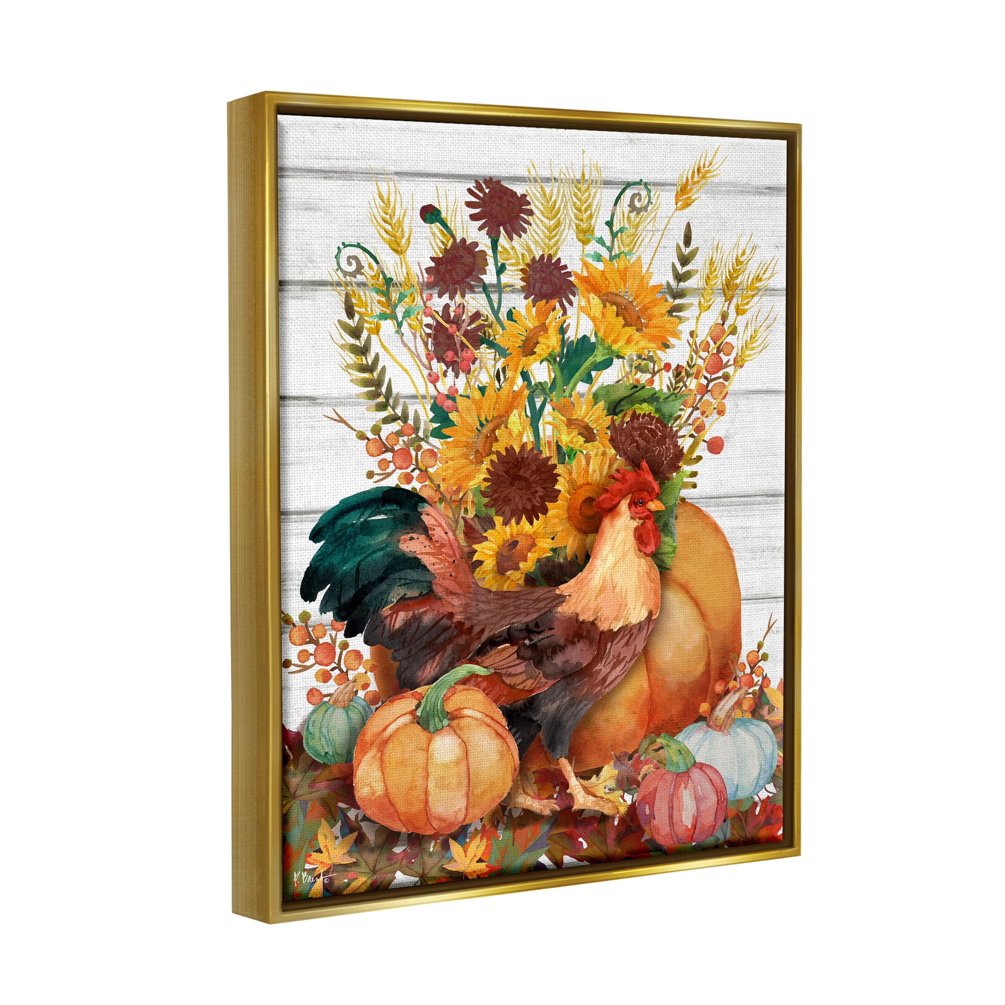 Stupell Industries Rustic Sunflowers & Hen Animals & Insects Painting Gold Floater Framed Canvas Art Print Wall Art, 17 x 21