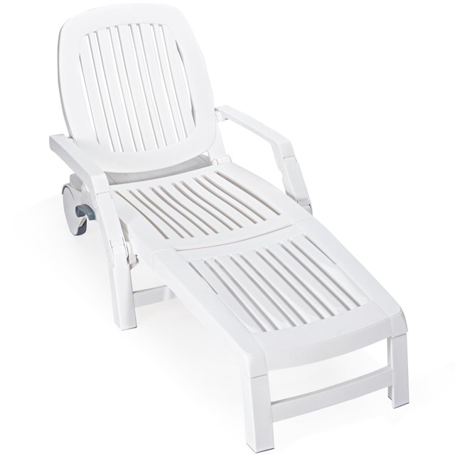 Topbuy Chaise Longue de Patio Inclinable Dossier Réglable Tout Temps pour Extérieur&Intérieur Roues Blanc