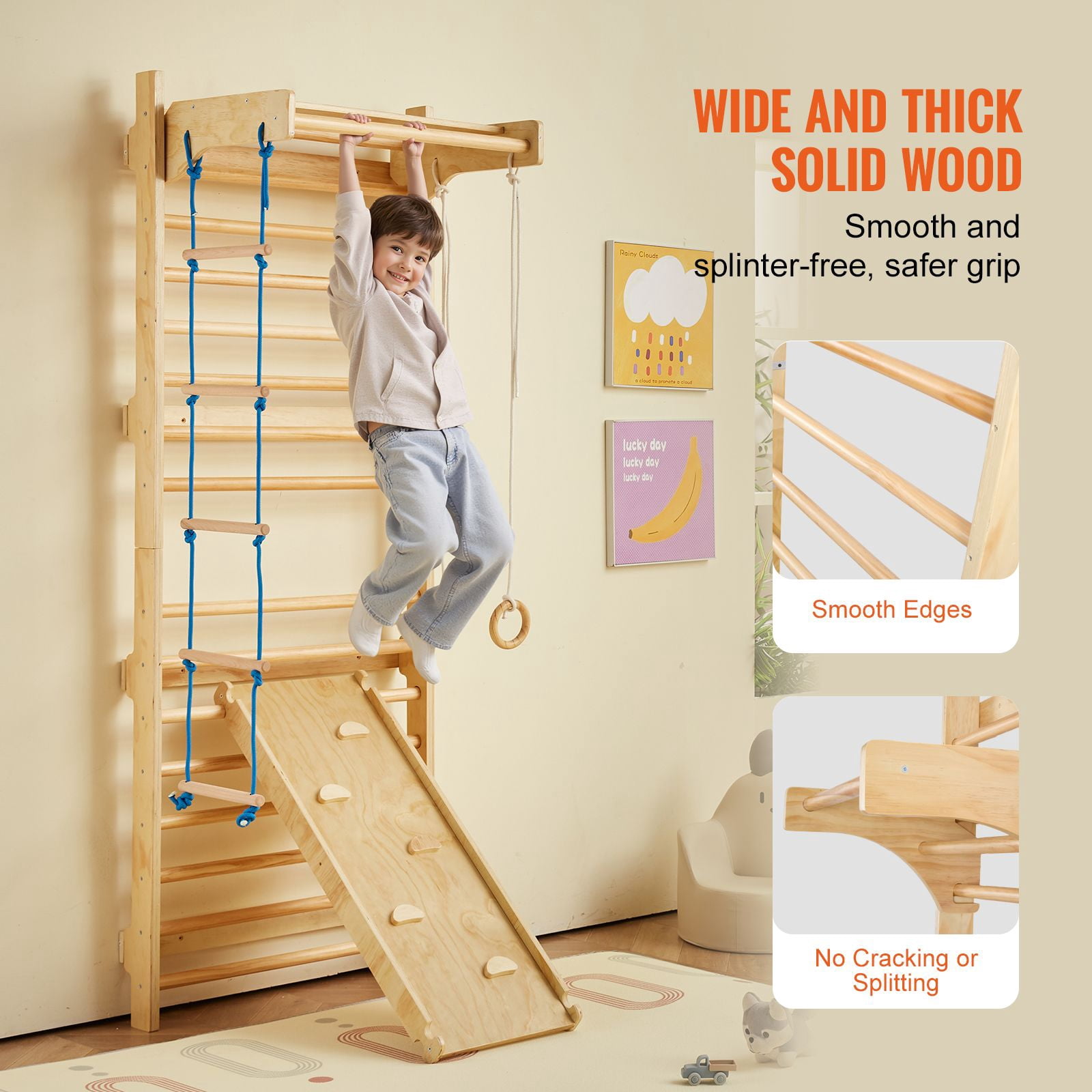 Swedish Ladder Wall Gym, 5 in 1 Wooden Indoor Playground Climbing Toys, 220 lbs Load Capacity Swedish Wall Ladder with Pull-Up Bar, Gymnastic Rings, Wall Ladder, Rope Ladder, and Slide Board