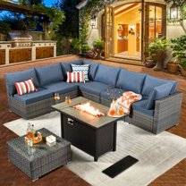 XIZZI 8 Pieces Patio Furniture Set Wicker Rattan Conversation Set with Propane Gas Fire Pit Table,Bright Blue