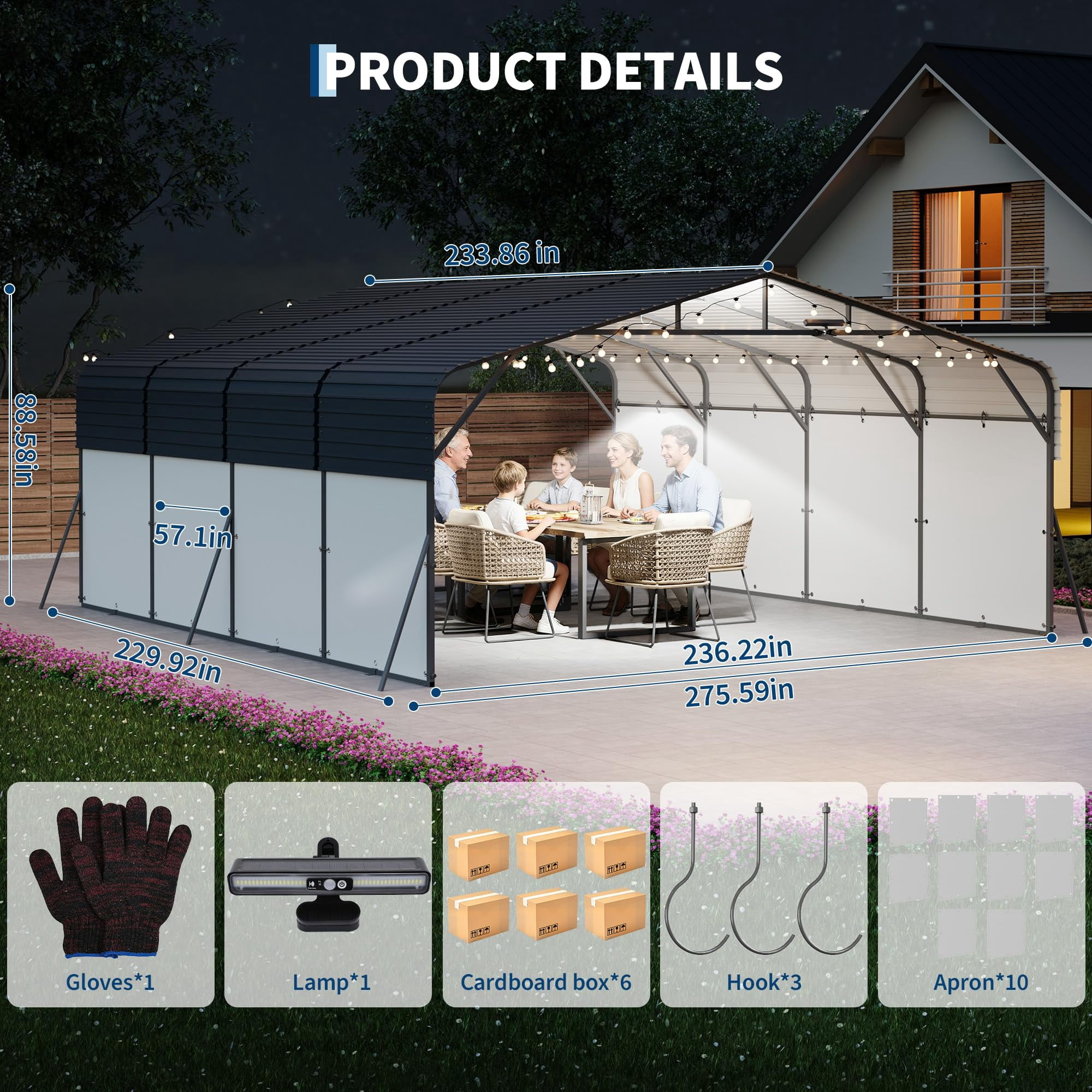 20x20FT Metal Carport w/Led Light,Outdoor Portable Car Garage,Removable PE Sidewalls,Reinforced Base & Galvanized Steel Roof, Outdoor Car Port Canopy Shelter for Boats, Full-Sized Pickup Trucks