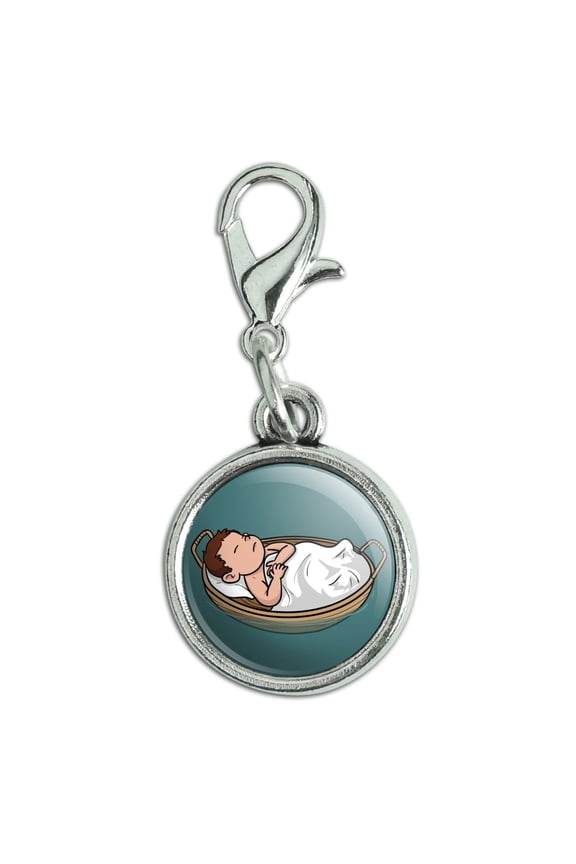 Baby Moses in a Basket Christian Antiqued Bracelet Pendant Zipper Pull Charm with Lobster Clasp
