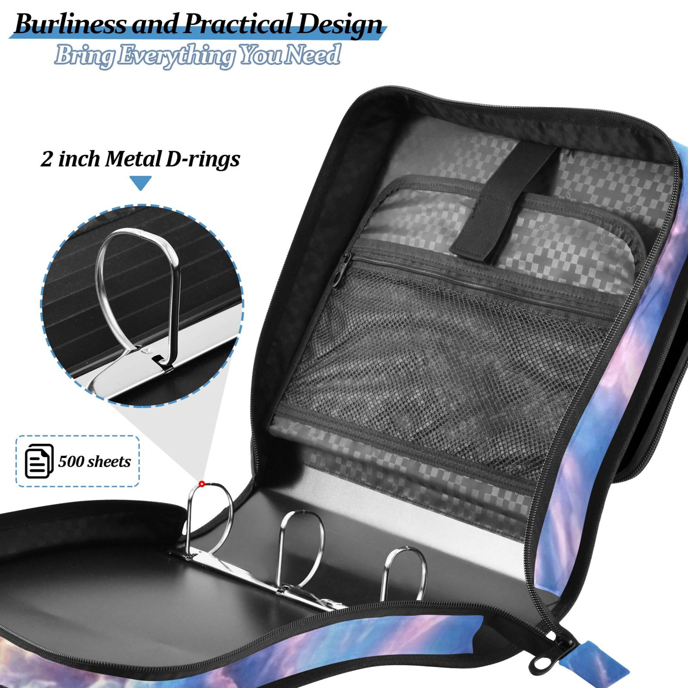 3 Ring Zipper Binder with Shoulder Strap Waterproof Trapper Keeper 2 Inch D-Ring 500 Sheets Capacity Heart Cloud in Sky