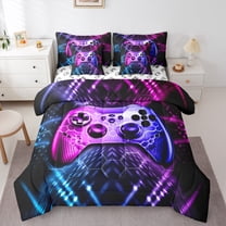 jejeloiu Game Console 7-Piece Bedding Comforter Set,Gamer Gaming King Bedding Sets,Pink Purple Hexagon Bed Sheets For Boys,Breathable Bedroom Decorative Reversible