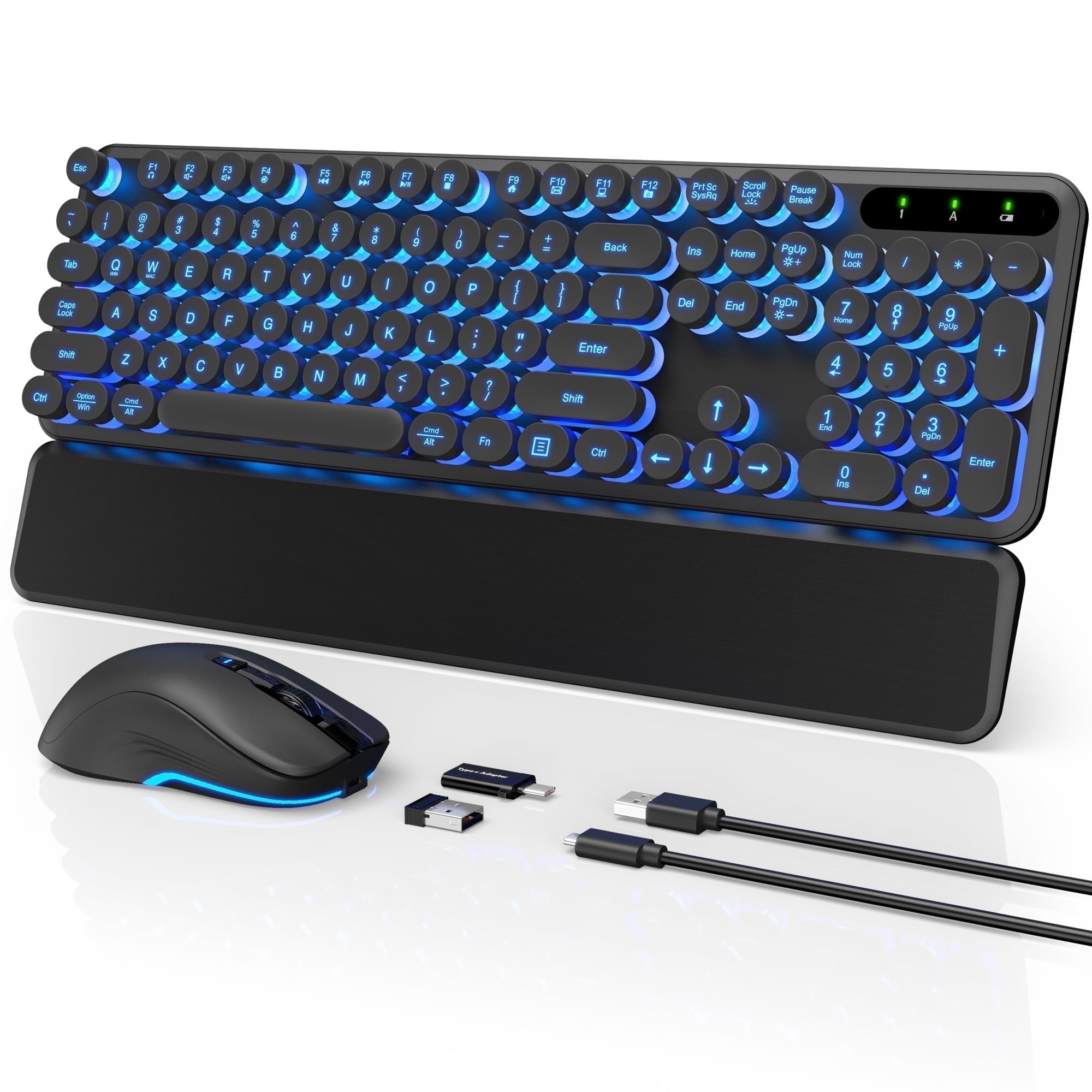 Wagpak Wireless Keyboard and Mouse Backlit - Retro Round Keycaps, Detachable Wrist Rest, Black, New, 1 Count